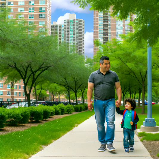 Father and son walking together in a park.