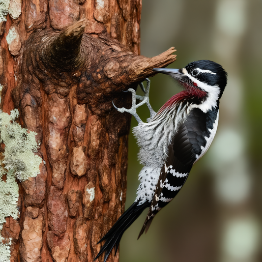 Woodpecker pecking on a textured tree trunk.