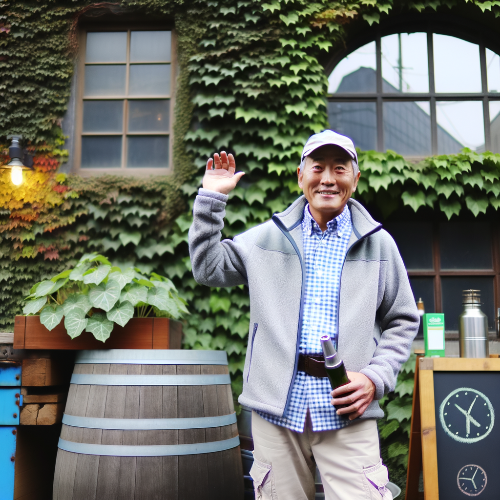 Smiling man waving in a leafy outdoor setting.