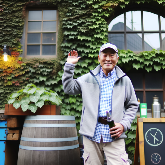 Smiling man waving in a leafy outdoor setting.