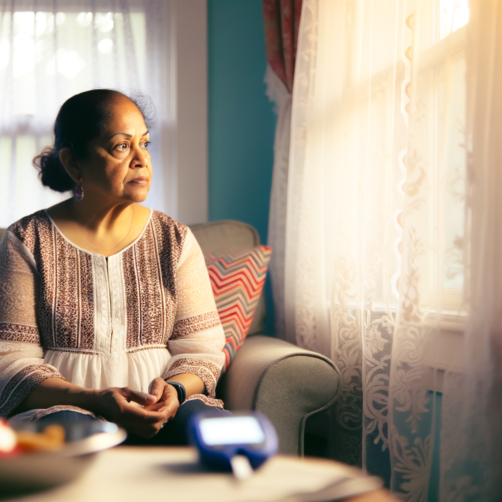 Woman sitting thoughtfully by a window.