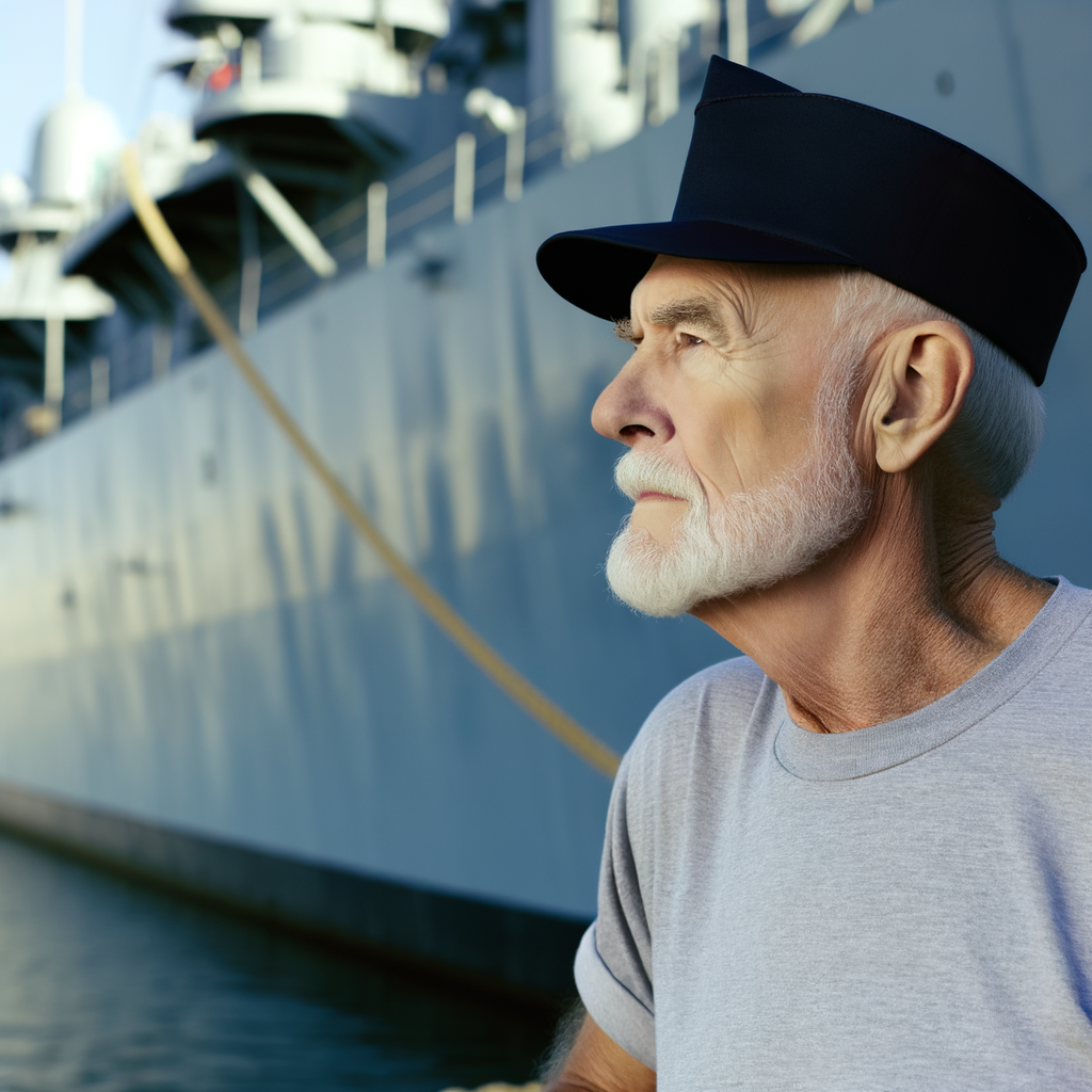 Elderly man with a beard near a naval ship.