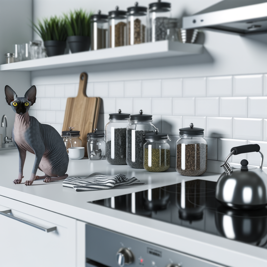 A Sphynx cat sitting on a sleek kitchen countertop.