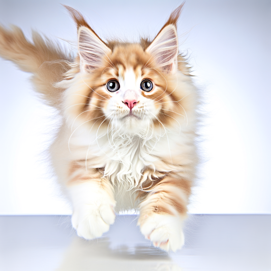 Fluffy orange Maine Coon kitten running towards the camera.
