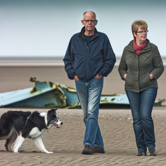 A couple walks their dog on a beach.