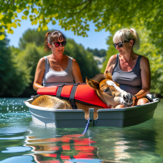 Women enjoying a boat ride with a foal.
