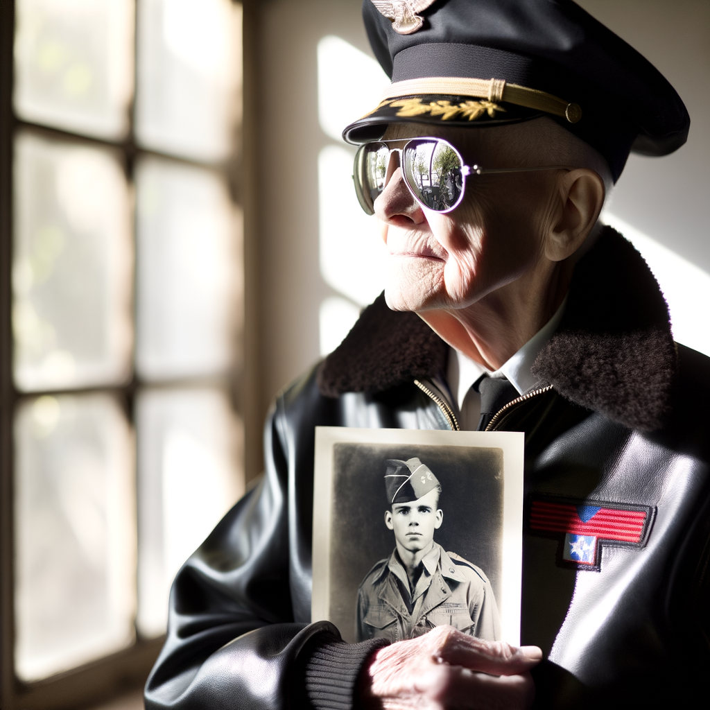 Elderly veteran holding a photograph of their younger self.