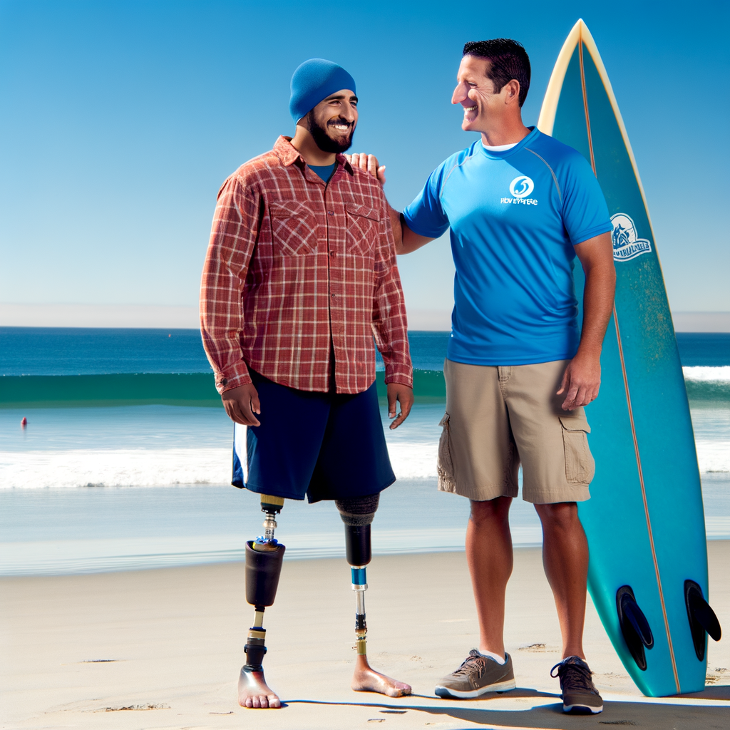 Two men smiling together on a beach with a surfboard.