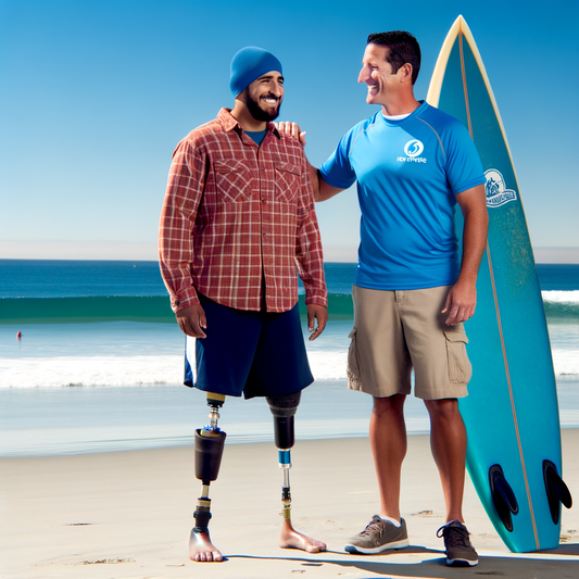 Two men smiling together on a beach with a surfboard.