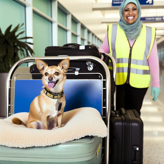 Smiling woman with a dog in an airport setting.