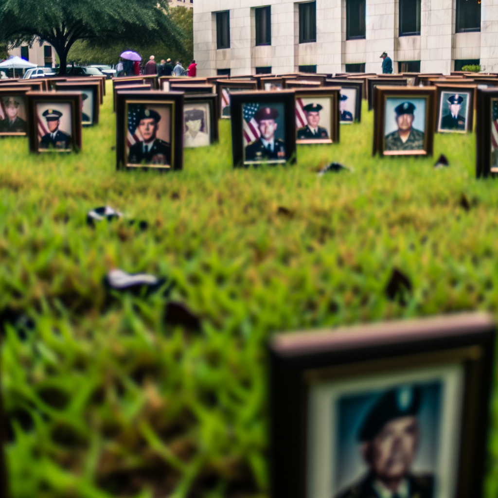Memorial display of framed portraits on grassy field.