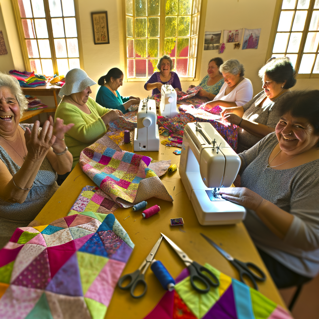 Group of women sewing colorful quilts together.