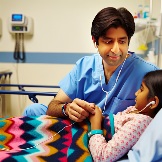 A doctor comforting a young patient in a hospital.