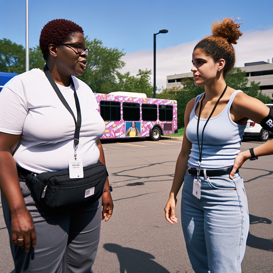 Two women talking in a parking lot.