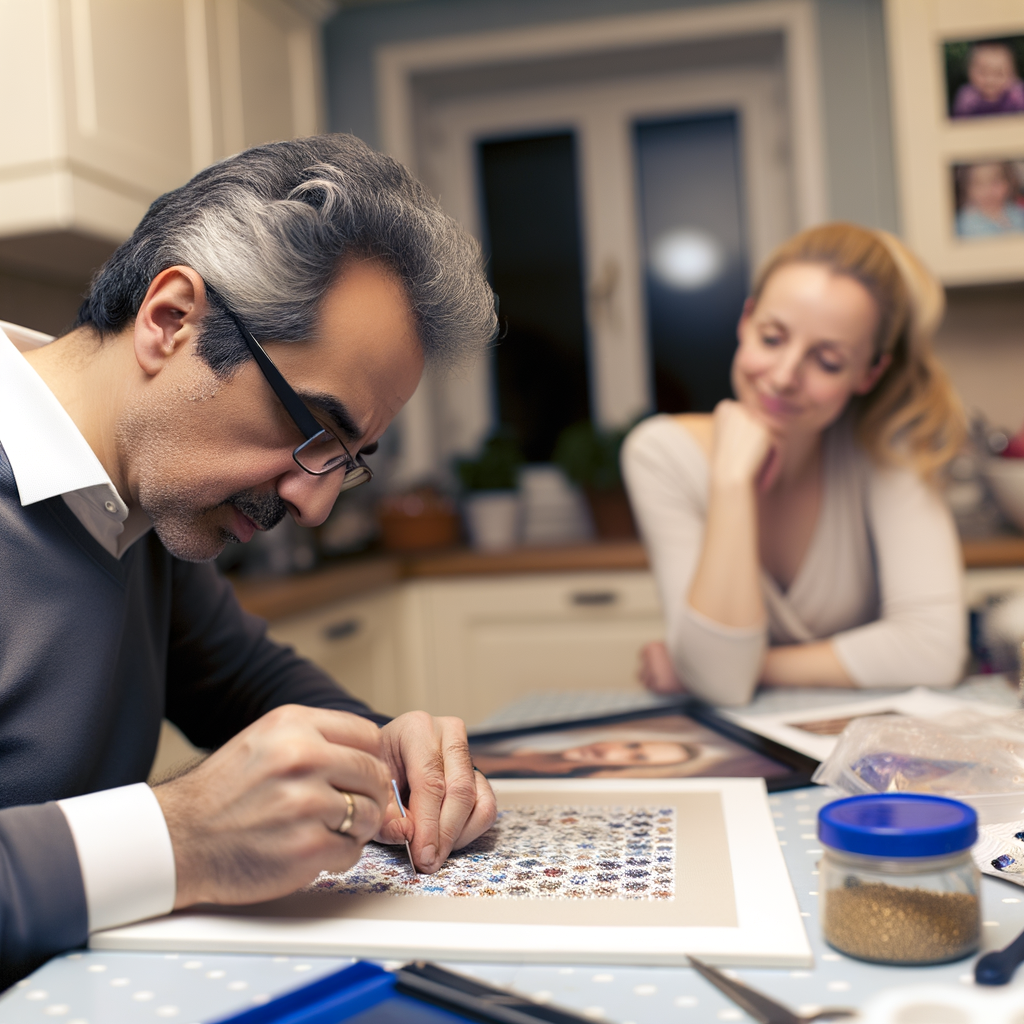 Man creating art while woman observes happily.