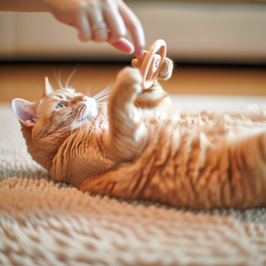 Playful orange cat reaching for a toy.
