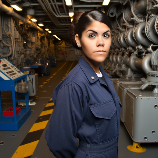 Female engineer stands confidently in a control room.
