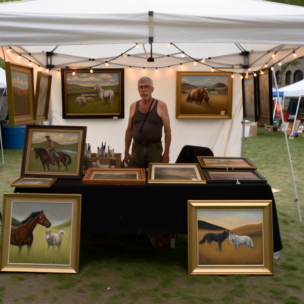 Artist displaying horse paintings at an outdoor art fair.