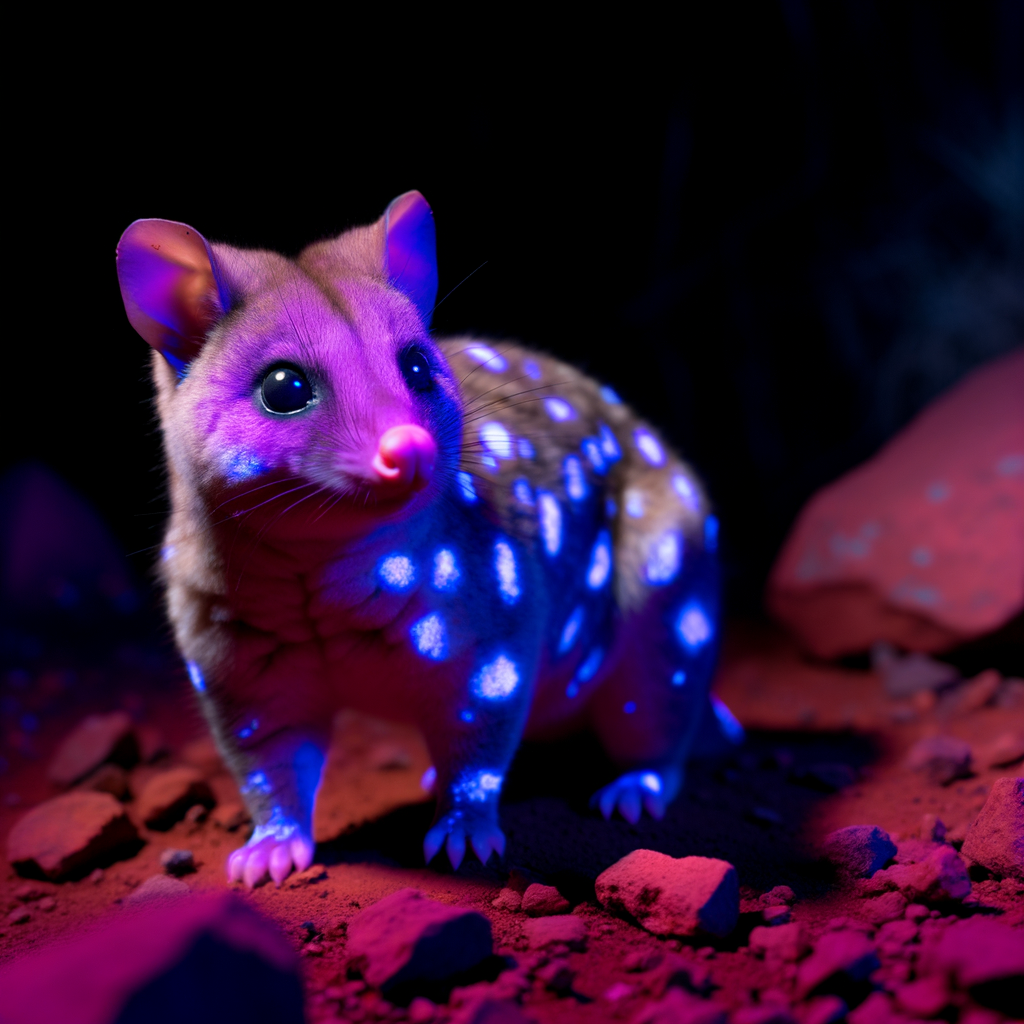 A vibrant spotted marsupial in a colorful setting.