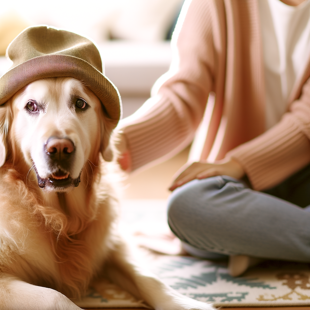 Golden retriever wearing a hat, being petted.