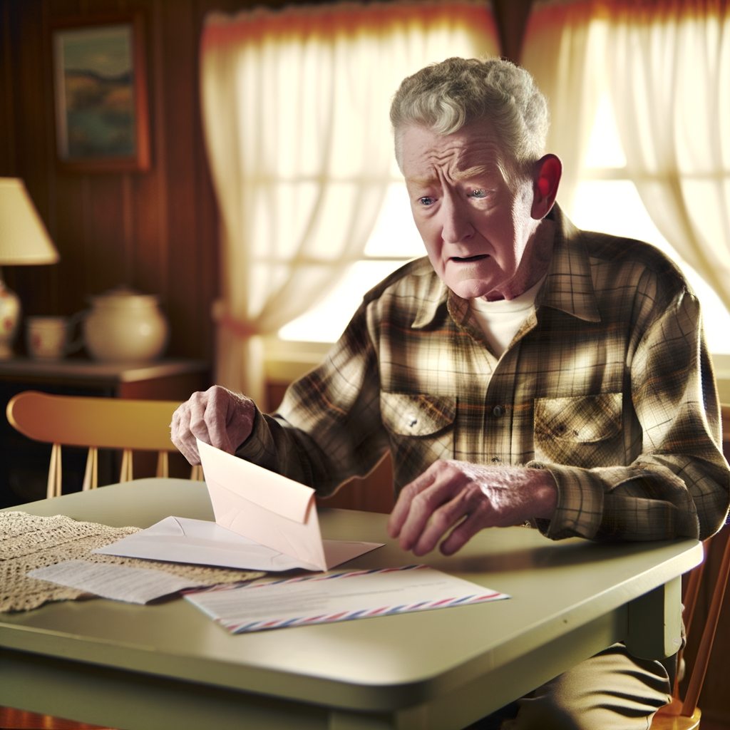 An elderly man reading a letter at a table.