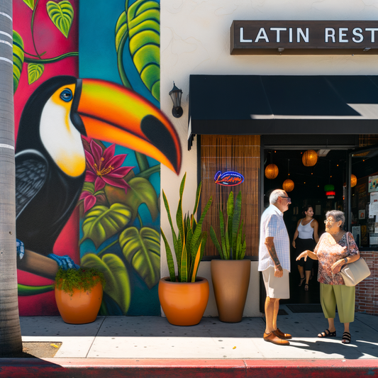 Couple chatting outside a vibrant Latin restaurant.