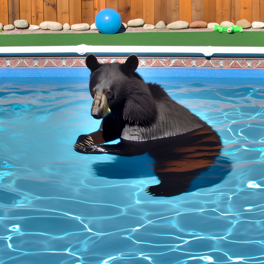 Bear relaxing in a swimming pool on a sunny day.