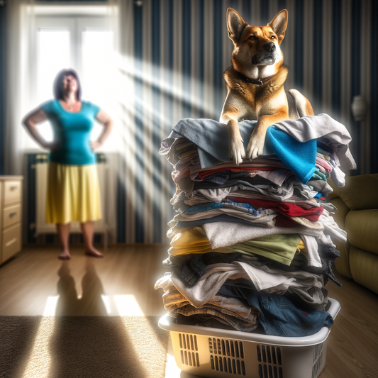 Dog sitting atop a laundry pile in a sunny room.