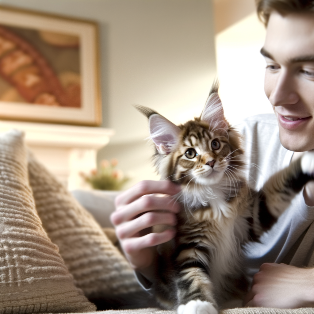 A person playing with a fluffy kitten indoors.