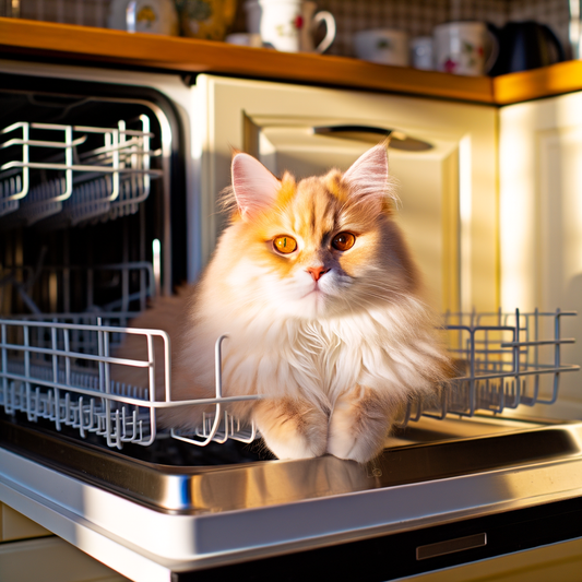Cat lounging inside an open dishwasher in sunlight.