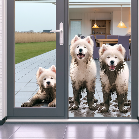 Three muddy Samoyeds looking through a glass door.