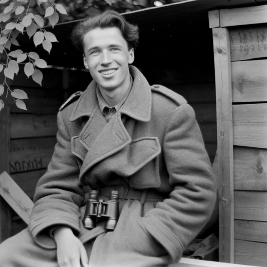 A smiling young man wearing a coat and binoculars.