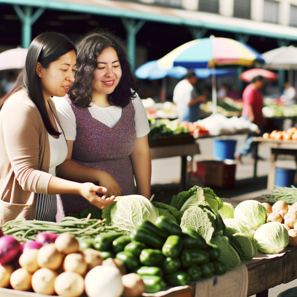 Two women explore fresh vegetables at a market.