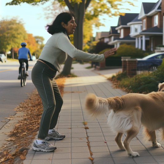 A woman playfully interacts with a dog outdoors.