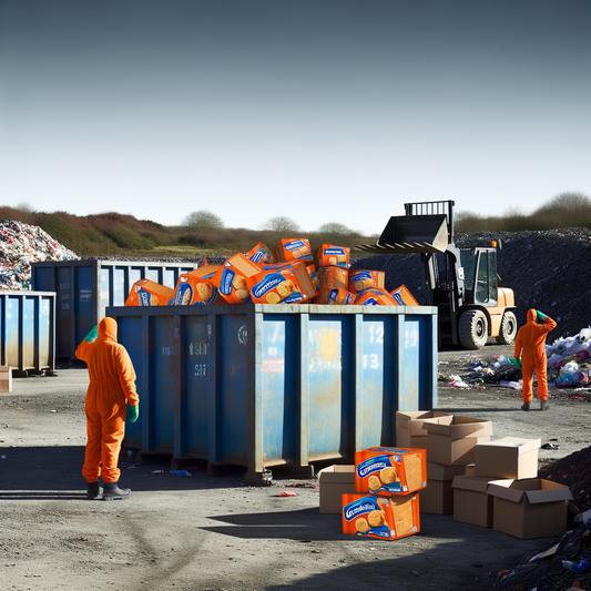 Workers in orange suits at a waste disposal site.