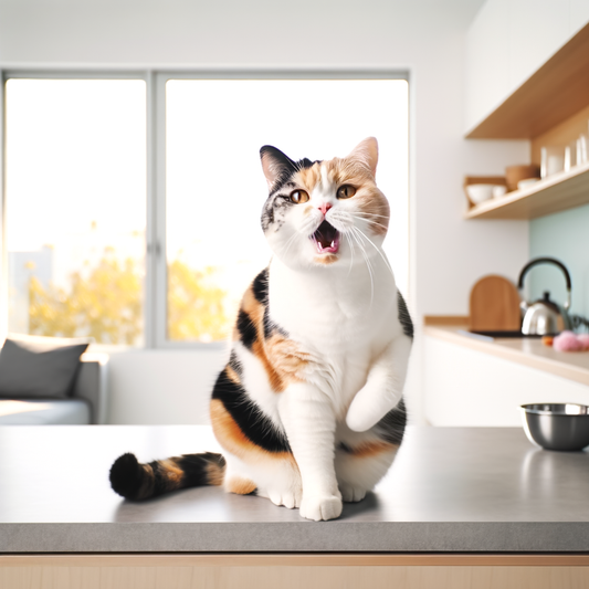 A calico cat sitting on a kitchen countertop.