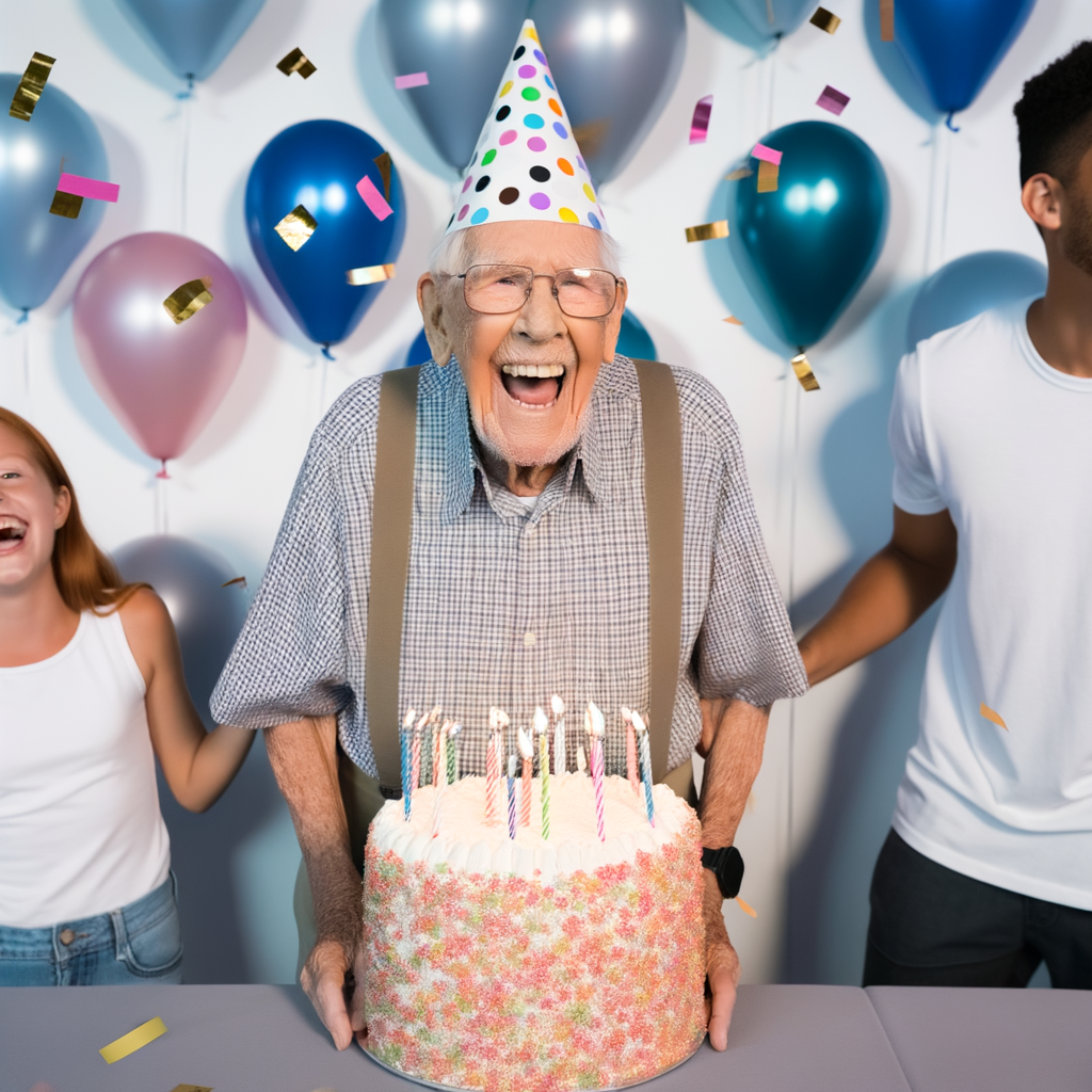 Happy elderly man with a birthday cake and balloons.