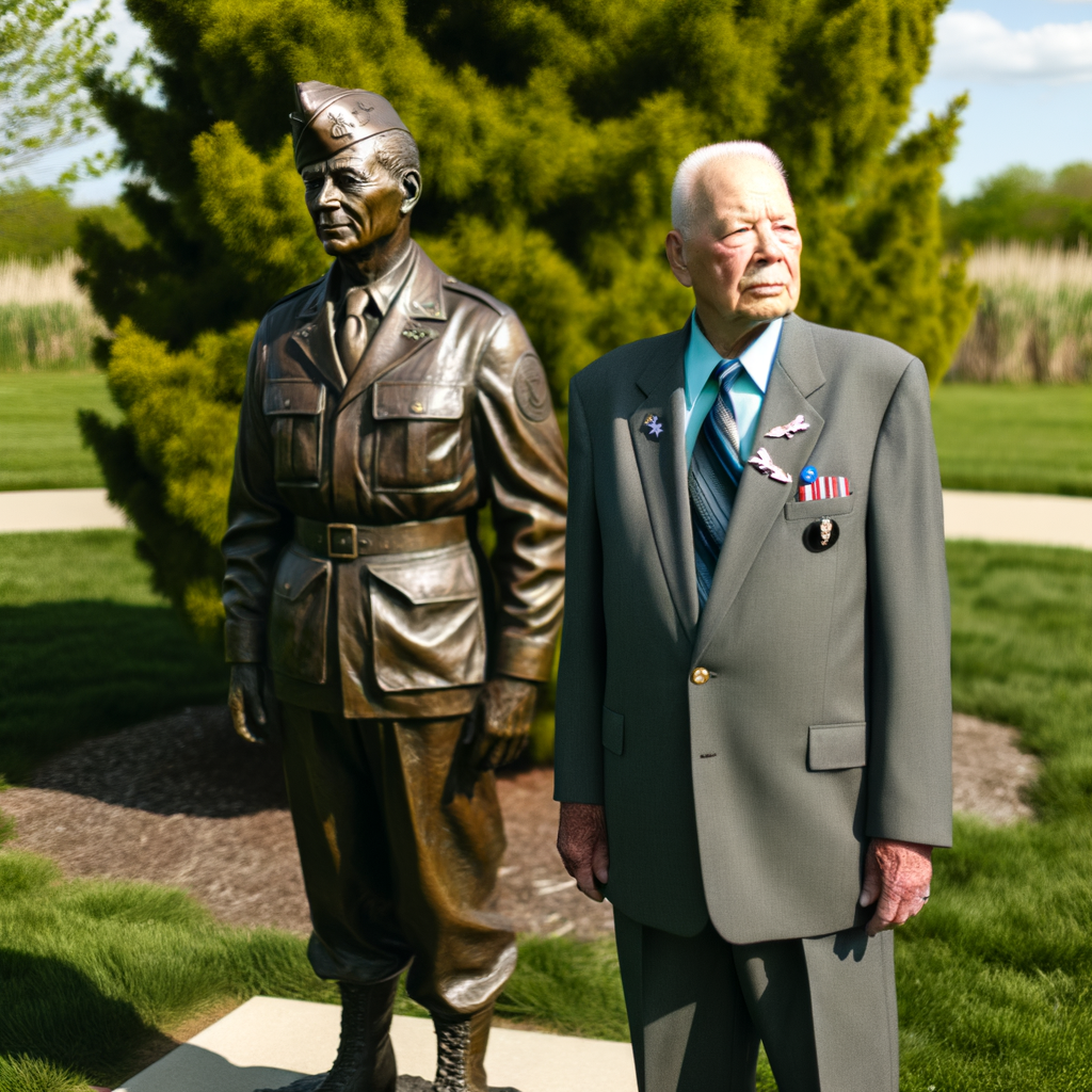 Veteran standing beside a bronze military statue.