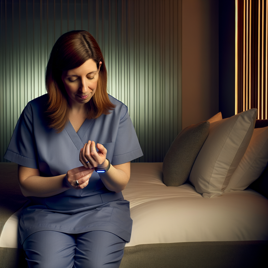 A woman in scrubs checking a wrist device.
