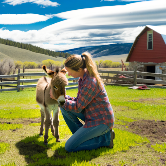 Woman gently interacts with a young donkey on a farm.