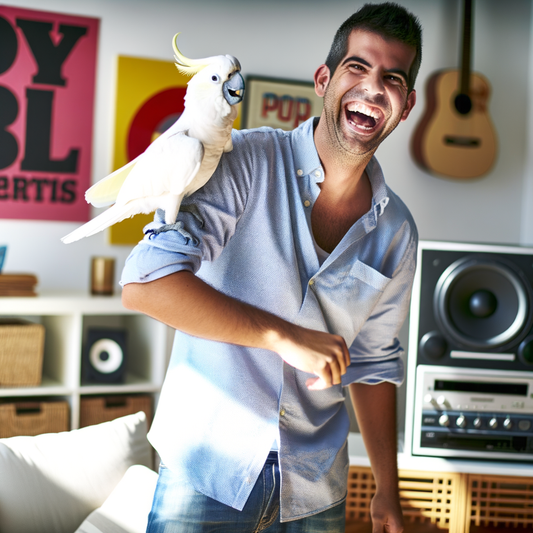 Man laughing with a parrot on his shoulder.
