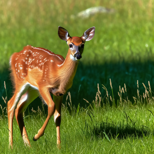 Young deer standing in a grassy meadow.
