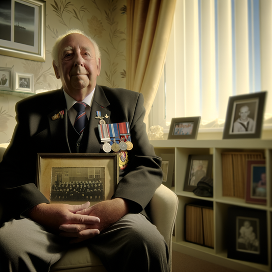 Elderly man holding a framed photo in a cozy setting.