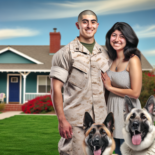 A smiling couple with two dogs outside their home.