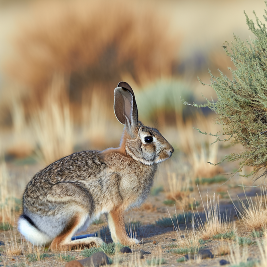 A rabbit sitting in a grassy field.