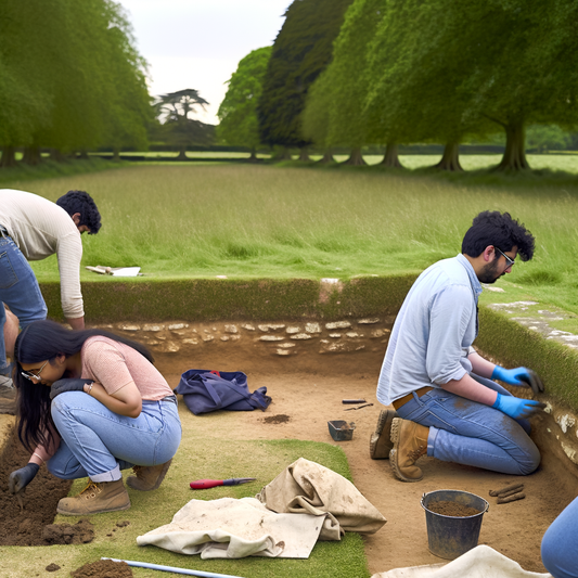 Archaeologists excavating a site in a lush landscape.