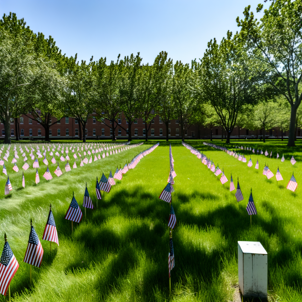 Field of small American flags on green grass.