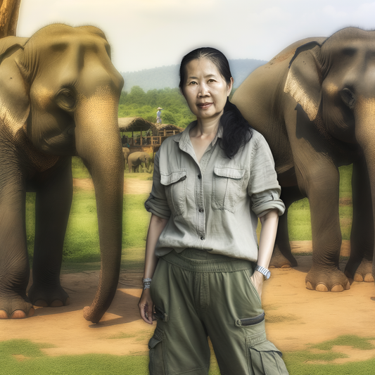 Person standing near elephants in a natural setting.