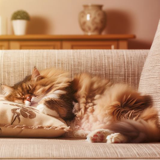 Fluffy cat peacefully sleeping on a cozy couch.