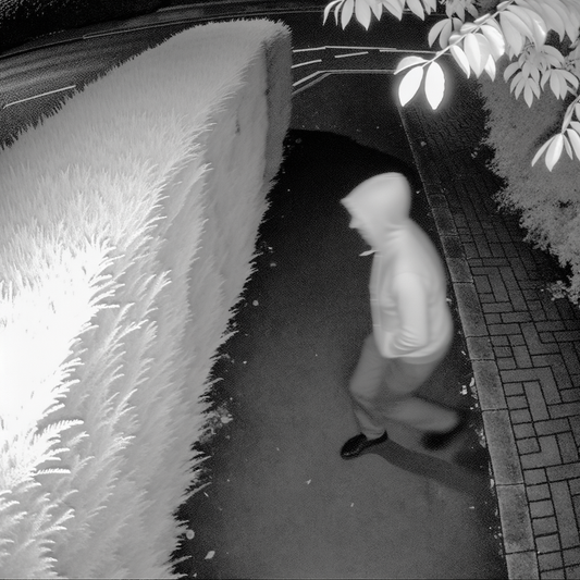 Person walking near a hedge at night.